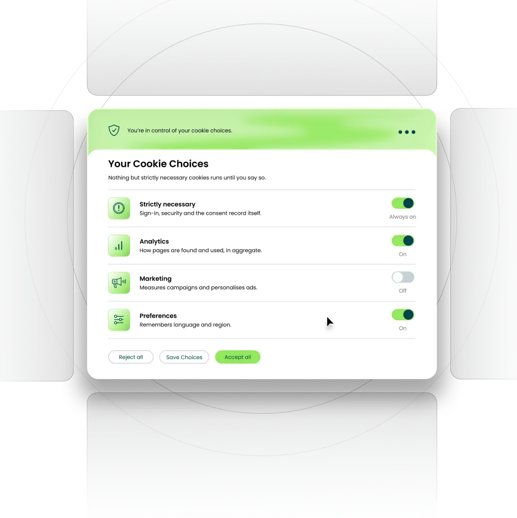 The cookie preferences panel: a switch for strictly necessary, analytics, marketing and preferences cookies, each with a line on what it does, above Reject all, Save choices and Accept all